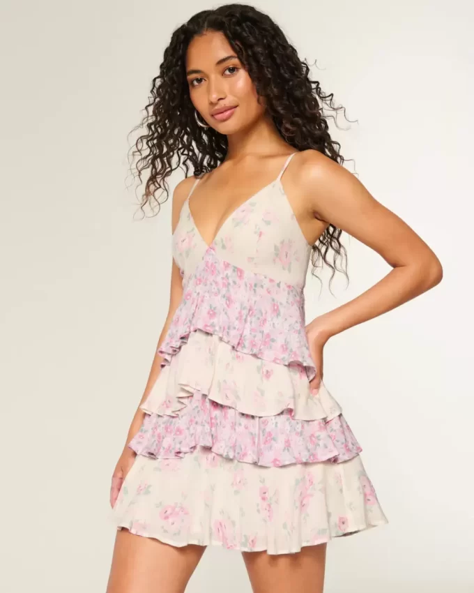 V Yakalı Volanlı Katlı Babydoll Mini Elbise