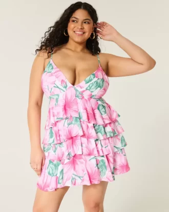V Yakalı Volanlı Katlı Babydoll Mini Elbise