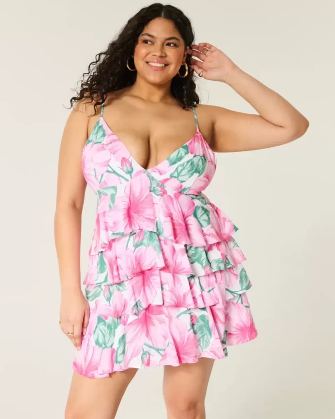 V Yakalı Volanlı Katlı Babydoll Mini Elbise