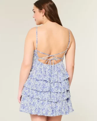V Yakalı Volanlı Katlı Babydoll Mini Elbise