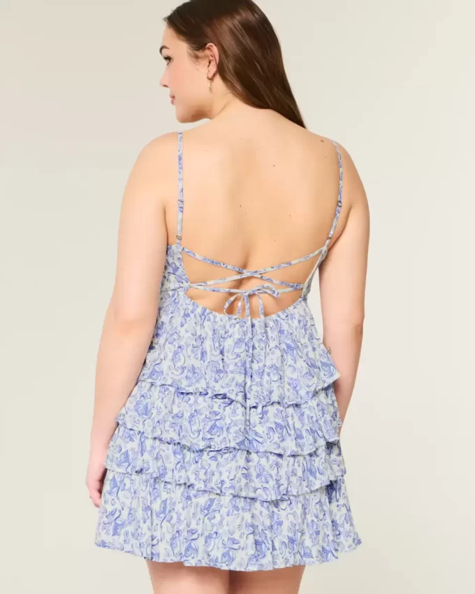 V Yakalı Volanlı Katlı Babydoll Mini Elbise