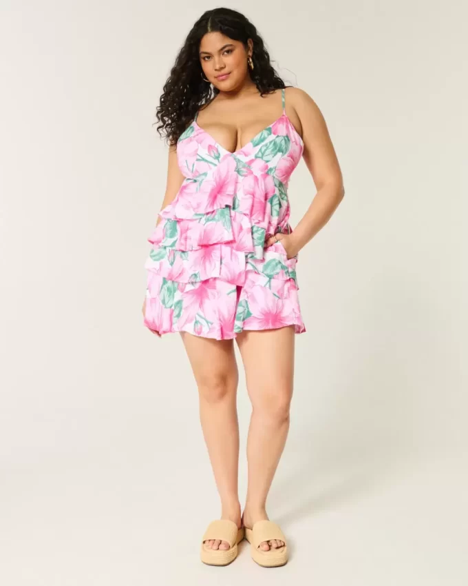 V Yakalı Volanlı Katlı Babydoll Mini Elbise