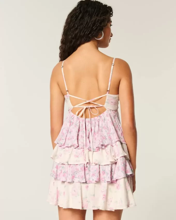 V Yakalı Volanlı Katlı Babydoll Mini Elbise