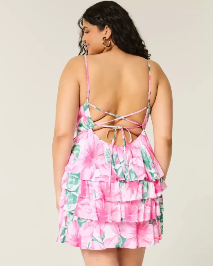 V Yakalı Volanlı Katlı Babydoll Mini Elbise