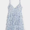 V Yakalı Volanlı Katlı Babydoll Mini Elbise