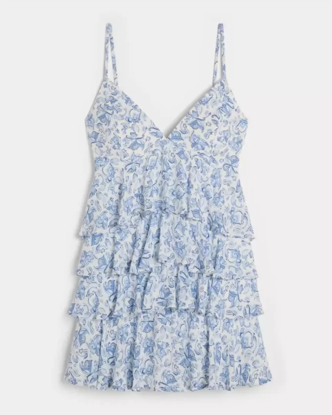 V Yakalı Volanlı Katlı Babydoll Mini Elbise