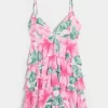 V Yakalı Volanlı Katlı Babydoll Mini Elbise