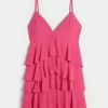 V Yakalı Volanlı Katlı Babydoll Mini Elbise