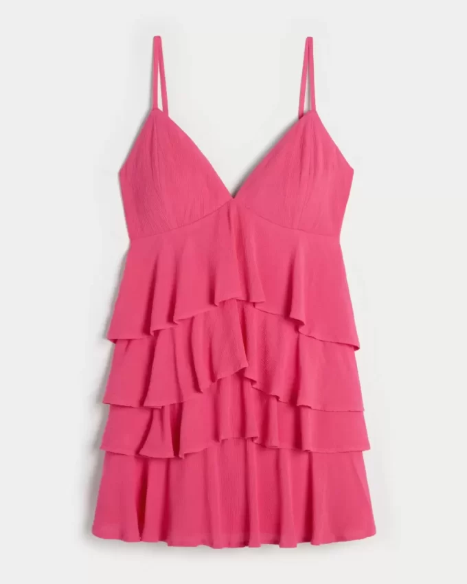 V Yakalı Volanlı Katlı Babydoll Mini Elbise
