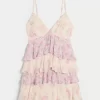 V Yakalı Volanlı Katlı Babydoll Mini Elbise