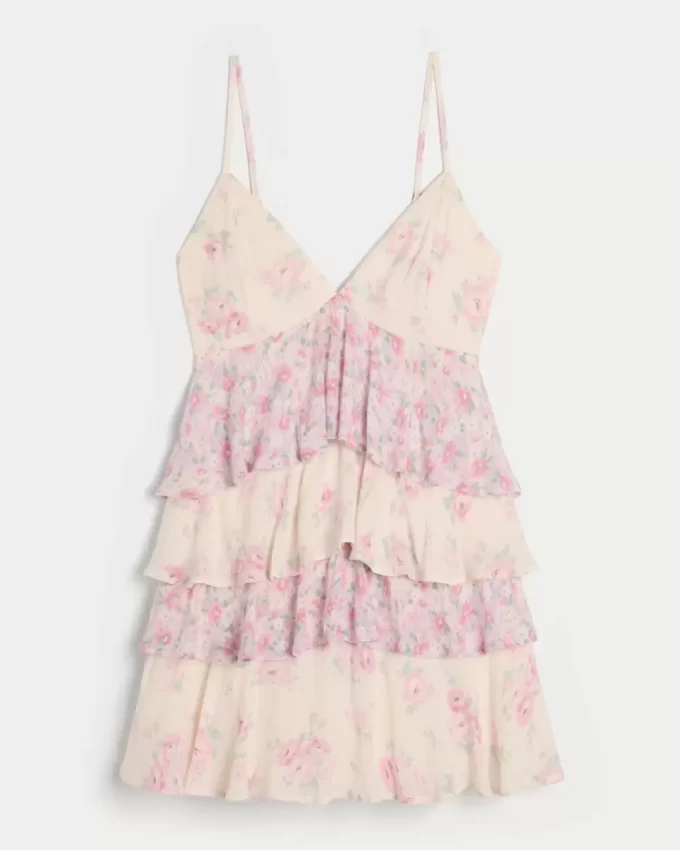V Yakalı Volanlı Katlı Babydoll Mini Elbise