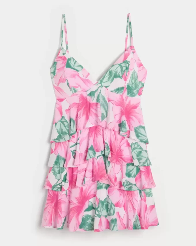 V Yakalı Volanlı Katlı Babydoll Mini Elbise