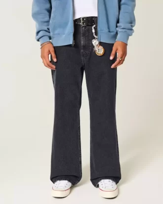 Yıkanmış Siyah Bol Paça Kot Pantolon