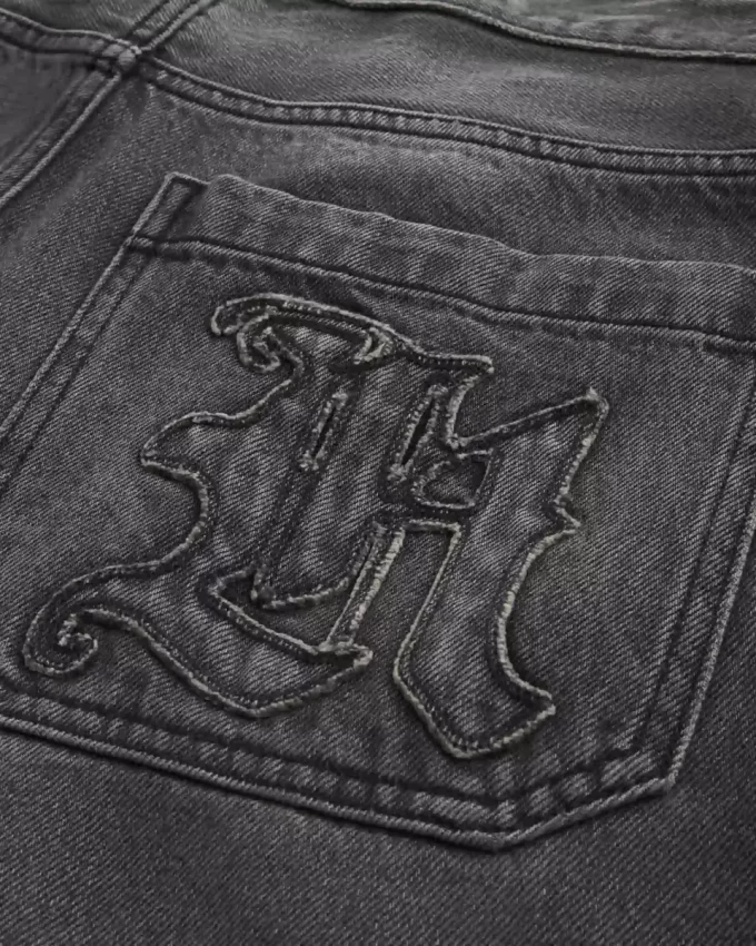 Yıkanmış Siyah Logo Grafikli Patenci Bol Pantolon