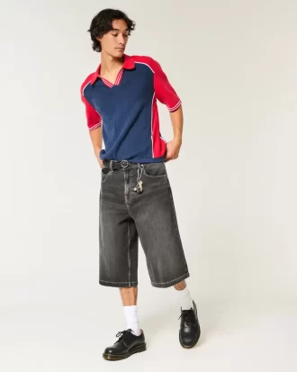 Yıkanmış Siyah Yarım Boy Patenci Bol Pantolon