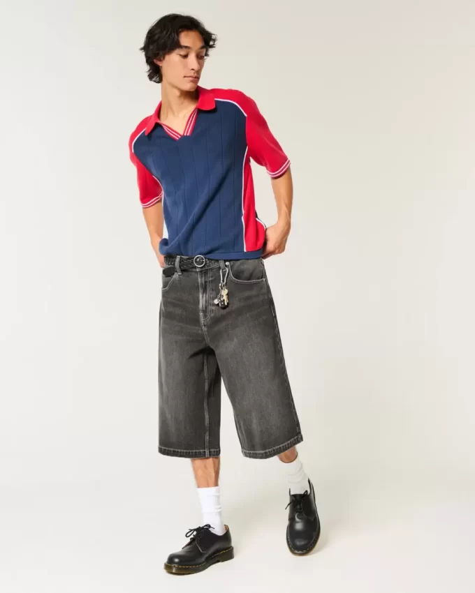 Yıkanmış Siyah Yarım Boy Patenci Bol Pantolon