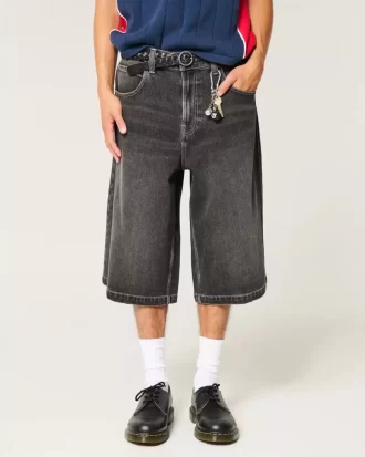 Yıkanmış Siyah Yarım Boy Patenci Bol Pantolon