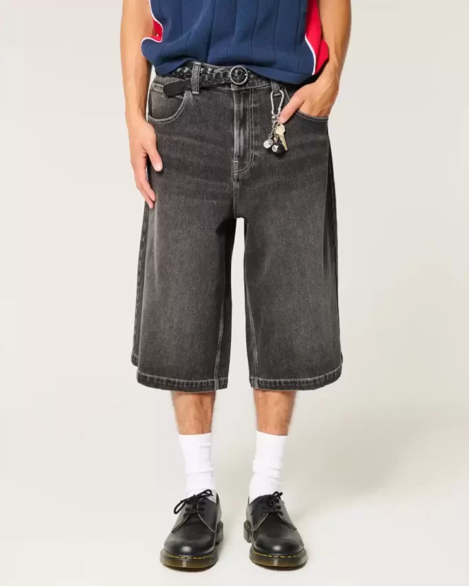 Yıkanmış Siyah Yarım Boy Patenci Bol Pantolon