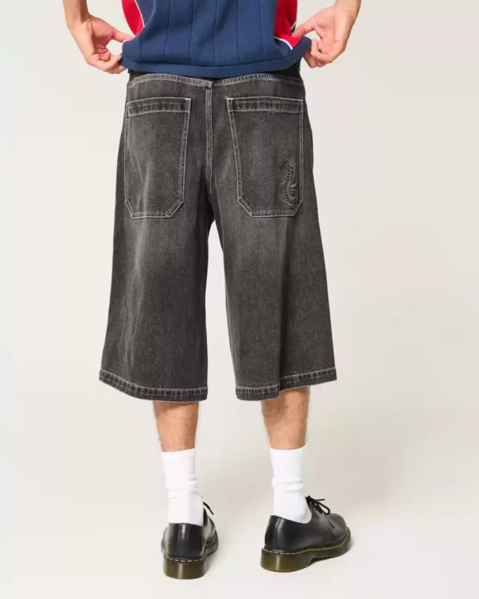 Yıkanmış Siyah Yarım Boy Patenci Bol Pantolon