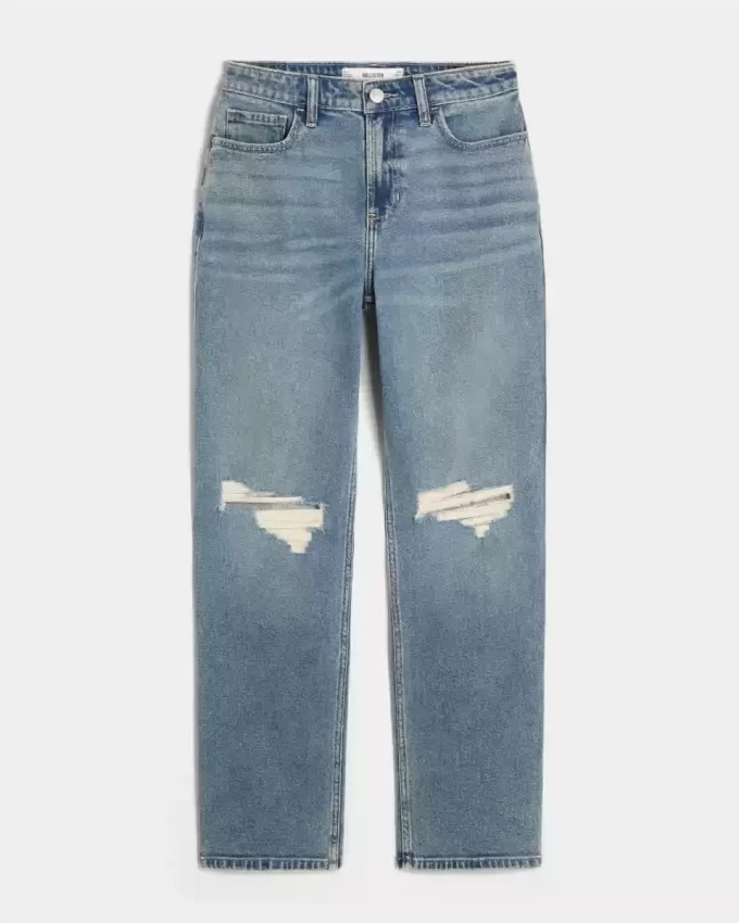 Yırtık Orta Yıkama Yüksek Bel Düz Kot Pantolon
